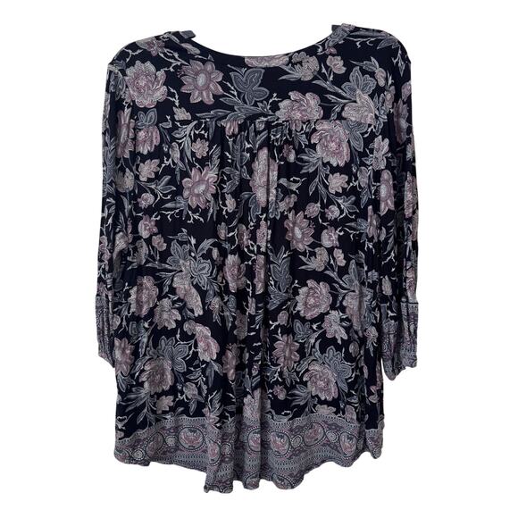 Lucky Brand Womens 3/4 Sleeve Floral Henley Size 1X Black Bohemian Tapestry‎ - Picture 5 of 10